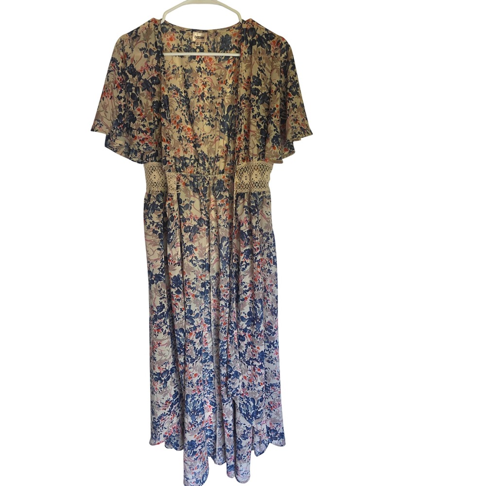 Dizzire Floral Duster Cardigan Blue Orange Crochet‎ Waist Flutter Sleeve Small